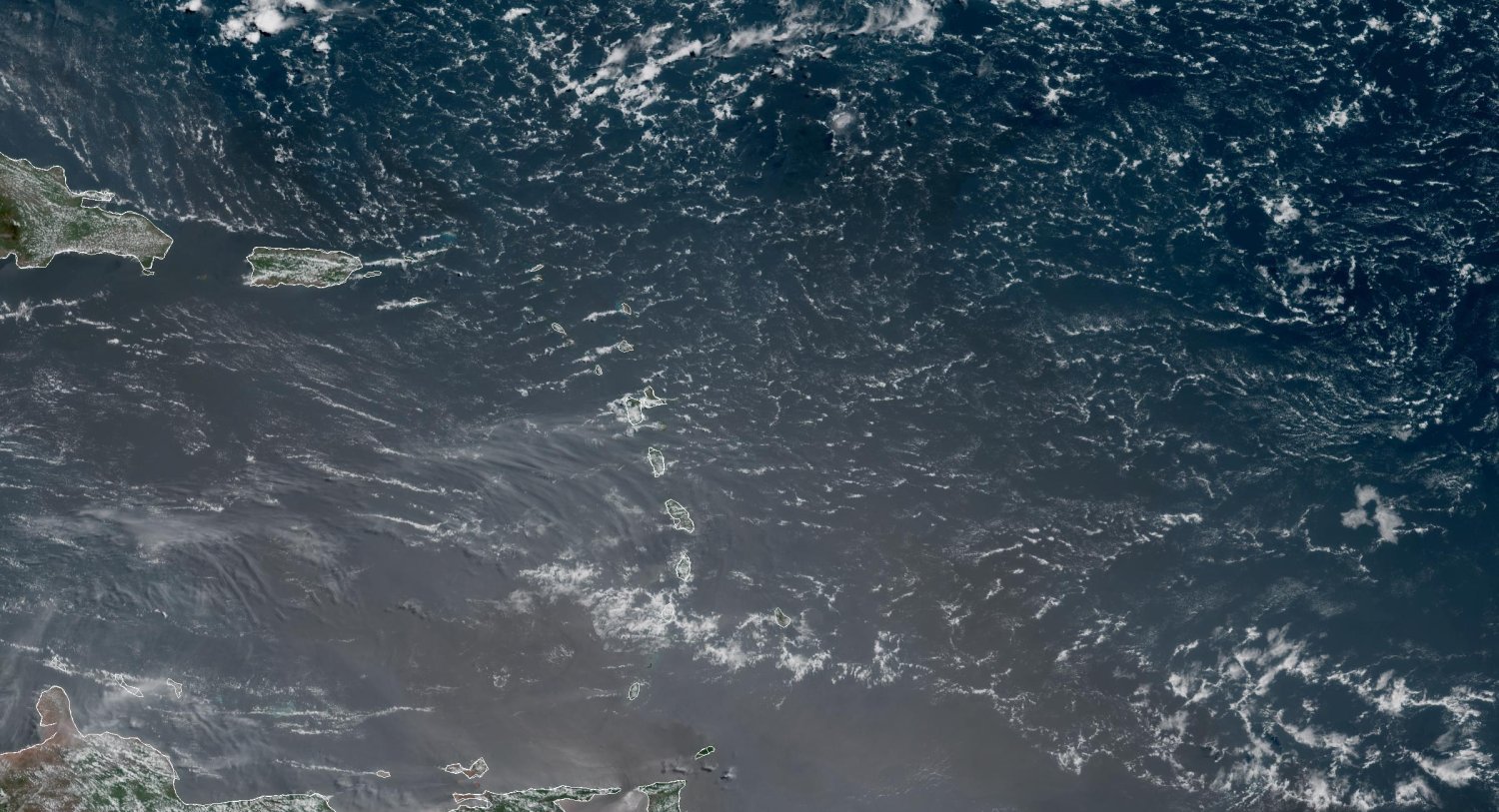 Live GOES-19 GEOCOLOR satellite view of the Eastern Caribbean showing current cloud cover and weather systems